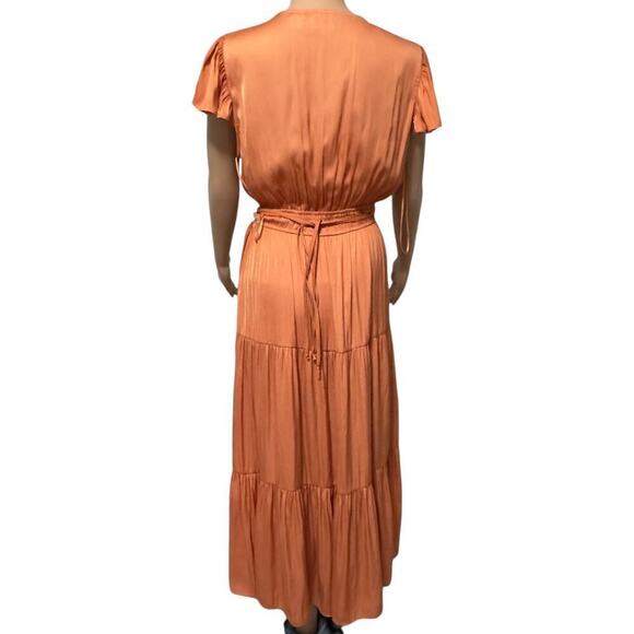 Joie Flutter Sleeves Mock Wrap Tiered Skirt Shirred Waist Belted Maxi Dress (L) - Picture 3 of 16